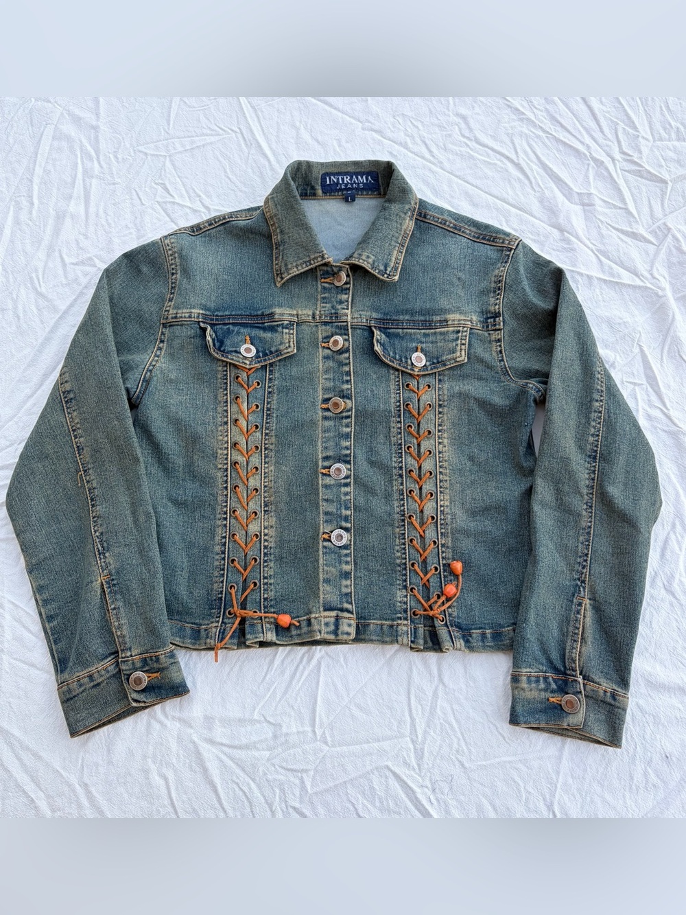 Intrama Jeans Faded Jean Jacket w/ Lace Up Details Y2K Streetwear Grunge Western